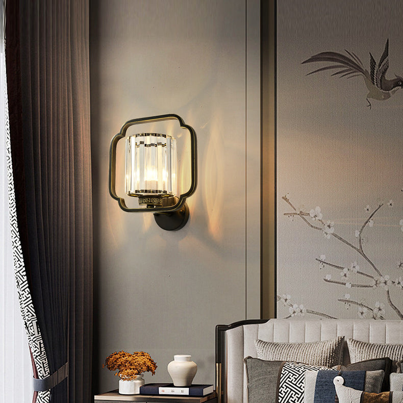 Chinese Cylinder Iron Crystal 2-Light Wall Sconce Lamp