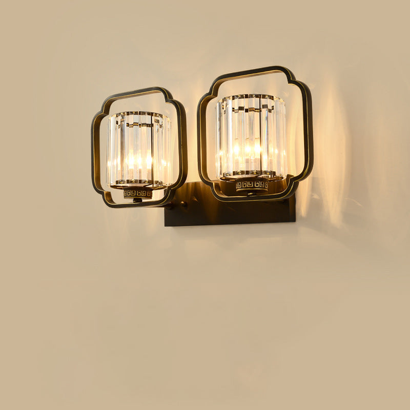 Chinese Cylinder Iron Crystal 2-Light Wall Sconce Lamp