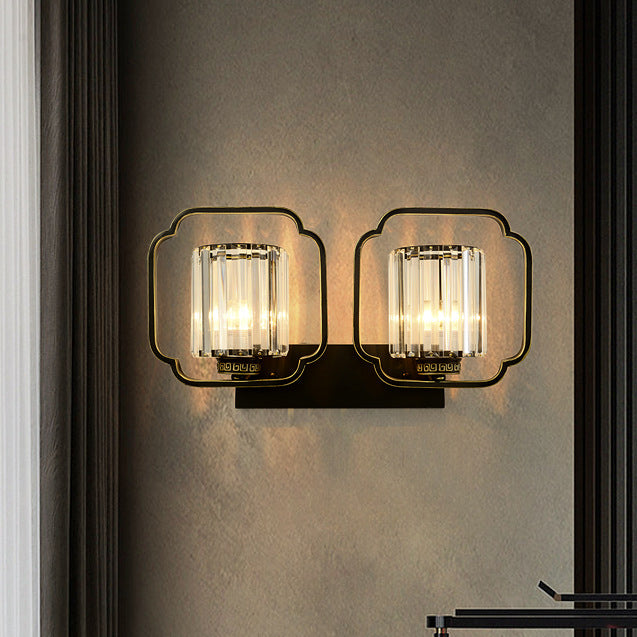Chinese Cylinder Iron Crystal 2-Light Wall Sconce Lamp