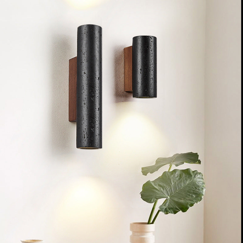 Cylinder Travertine Solid Wood 1-Light Wall Sconce Lamp