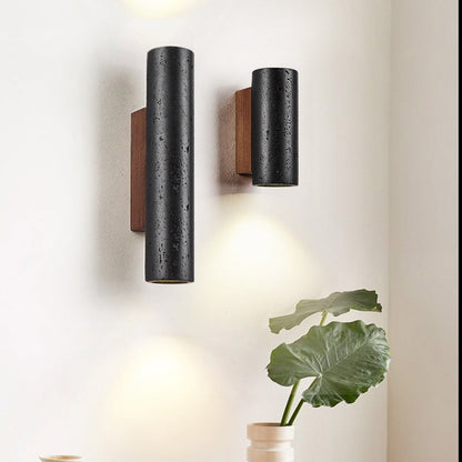 Cylinder Travertine Solid Wood 1-Light Wall Sconce Lamp