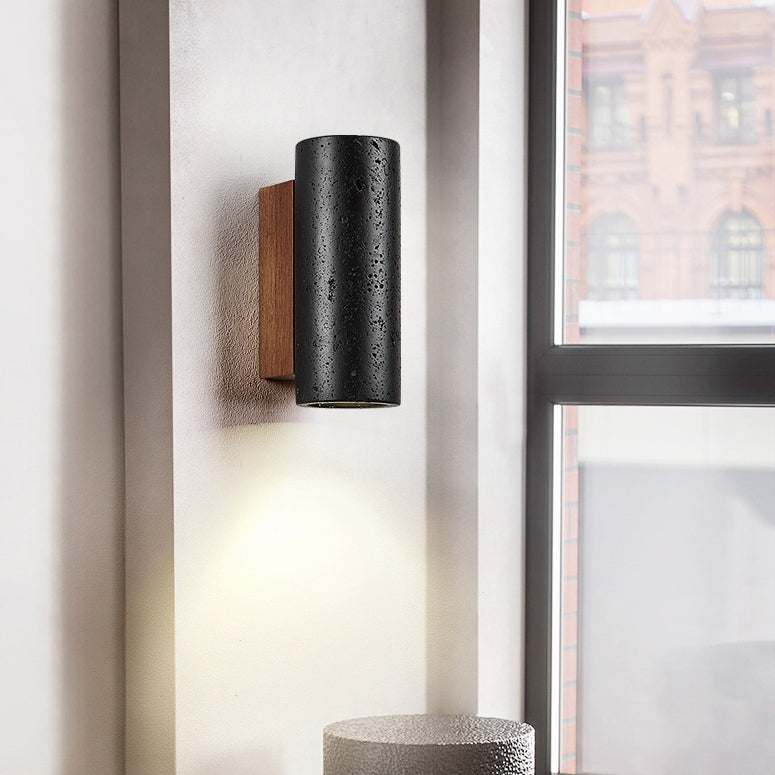 Cylinder Travertine Solid Wood 1-Light Wall Sconce Lamp