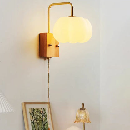 Chinese Pumpkin Solid Wood Acrylic 1-Light Wall Sconce Lamp