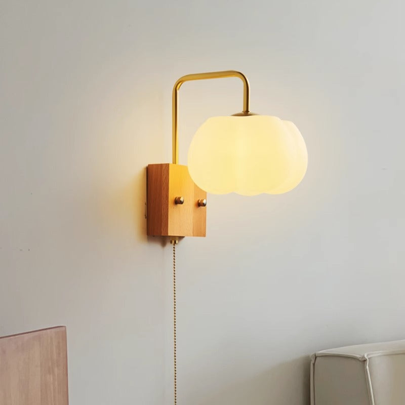 Chinese Pumpkin Solid Wood Acrylic 1-Light Wall Sconce Lamp