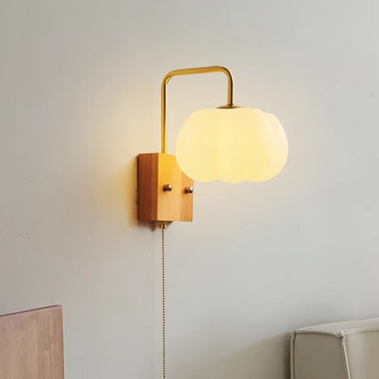 Chinese Pumpkin Solid Wood Acrylic 1-Light Wall Sconce Lamp