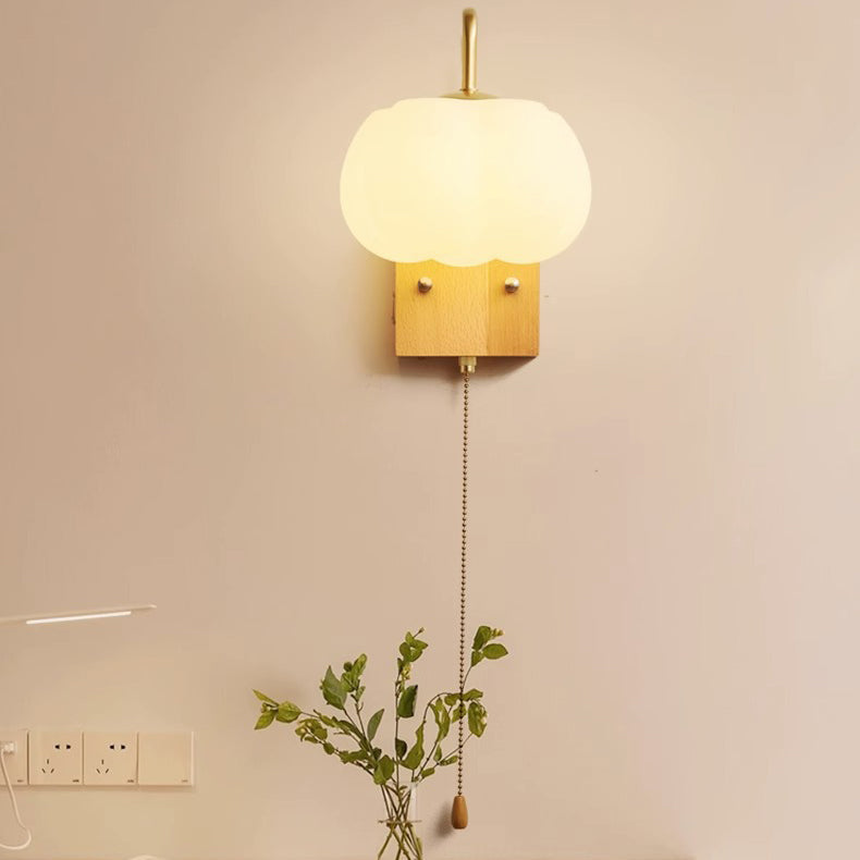 Chinese Pumpkin Solid Wood Acrylic 1-Light Wall Sconce Lamp