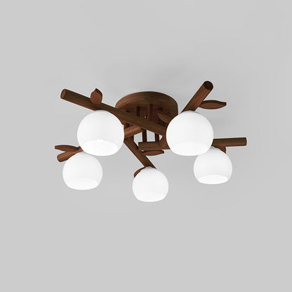 Traditional Japanese Dome Iron Oak Wood 3/5/8 Light Semi-Flush Mount Ceiling Light For Living Room