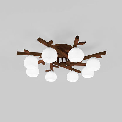 Traditional Japanese Dome Iron Oak Wood 3/5/8 Light Semi-Flush Mount Ceiling Light For Living Room