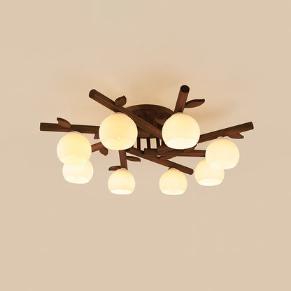 Traditional Japanese Dome Iron Oak Wood 3/5/8 Light Semi-Flush Mount Ceiling Light For Living Room