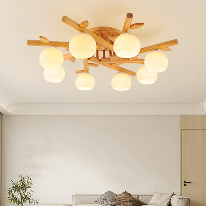 Traditional Japanese Dome Iron Oak Wood 3/5/8 Light Semi-Flush Mount Ceiling Light For Living Room