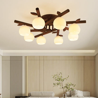 Traditional Japanese Dome Iron Oak Wood 3/5/8 Light Semi-Flush Mount Ceiling Light For Living Room
