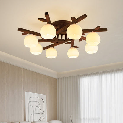 Traditional Japanese Dome Iron Oak Wood 3/5/8 Light Semi-Flush Mount Ceiling Light For Living Room