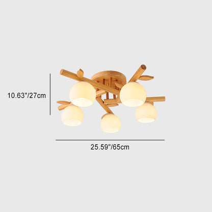 Traditional Japanese Dome Iron Oak Wood 3/5/8 Light Semi-Flush Mount Ceiling Light For Living Room