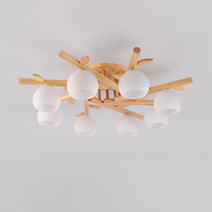 Traditional Japanese Dome Iron Oak Wood 3/5/8 Light Semi-Flush Mount Ceiling Light For Living Room