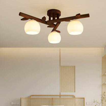 Traditional Japanese Dome Iron Oak Wood 3/5/8 Light Semi-Flush Mount Ceiling Light For Living Room