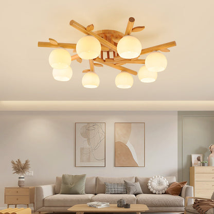 Traditional Japanese Dome Iron Oak Wood 3/5/8 Light Semi-Flush Mount Ceiling Light For Living Room