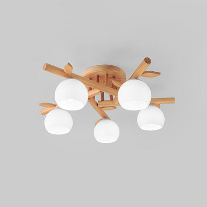 Traditional Japanese Dome Iron Oak Wood 3/5/8 Light Semi-Flush Mount Ceiling Light For Living Room