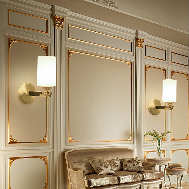 Chinese Cylinder Copper Glass 1-Light Wall Sconce Lamp