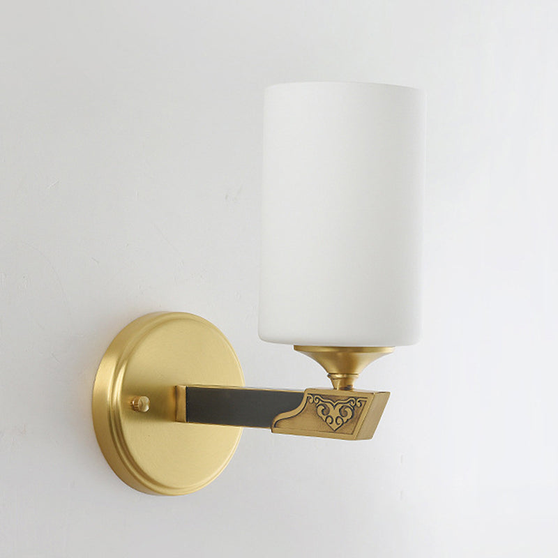 Chinese Cylinder Copper Glass 1-Light Wall Sconce Lamp