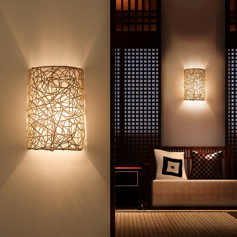 Traditional Rectangular Rattan PVC 1-Light Wall Sconce Lamp