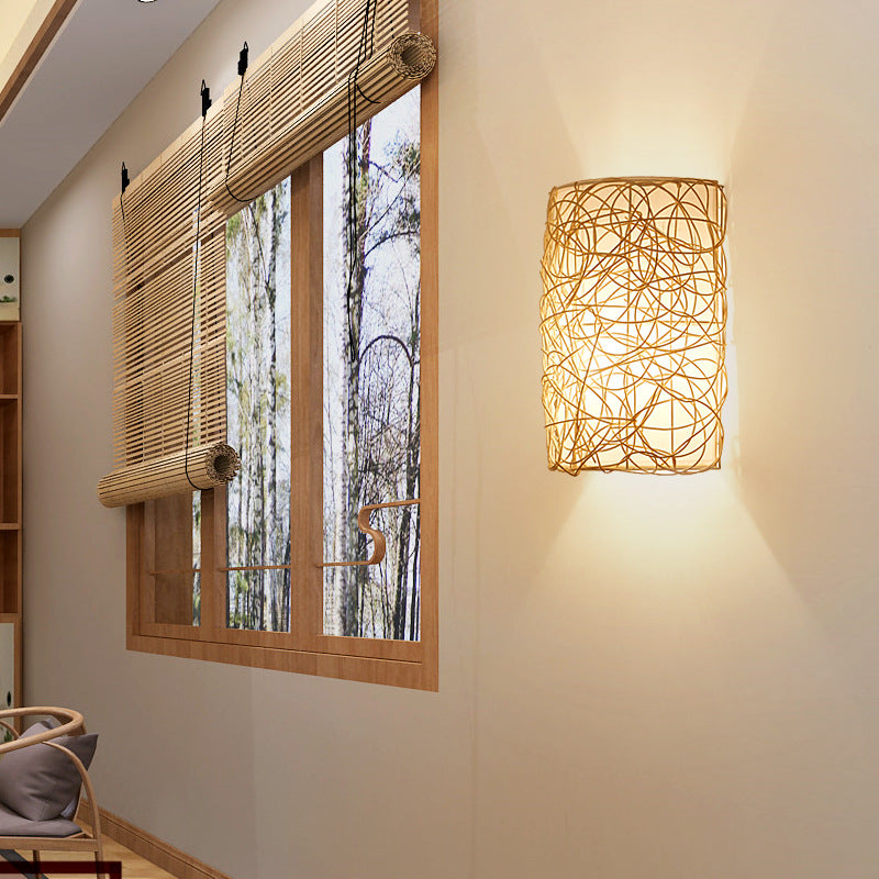 Traditional Rectangular Rattan PVC 1-Light Wall Sconce Lamp
