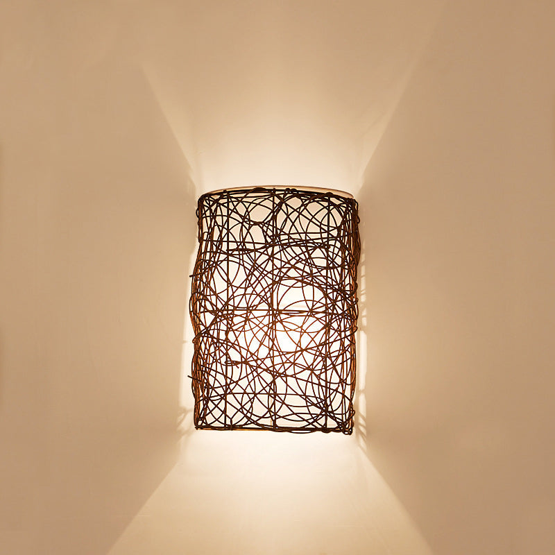 Traditional Rectangular Rattan PVC 1-Light Wall Sconce Lamp