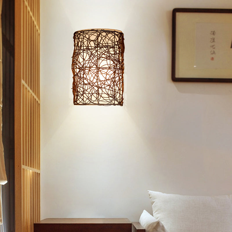 Traditional Rectangular Rattan PVC 1-Light Wall Sconce Lamp