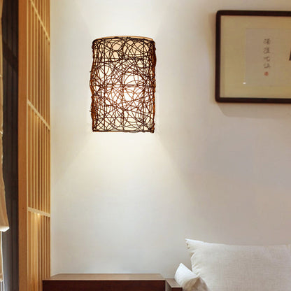 Traditional Rectangular Rattan PVC 1-Light Wall Sconce Lamp