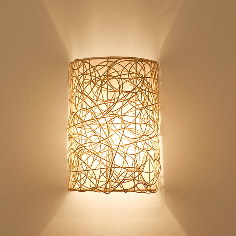 Traditional Rectangular Rattan PVC 1-Light Wall Sconce Lamp