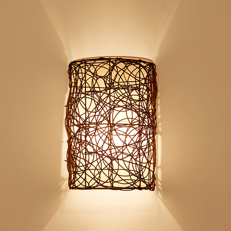 Traditional Rectangular Rattan PVC 1-Light Wall Sconce Lamp