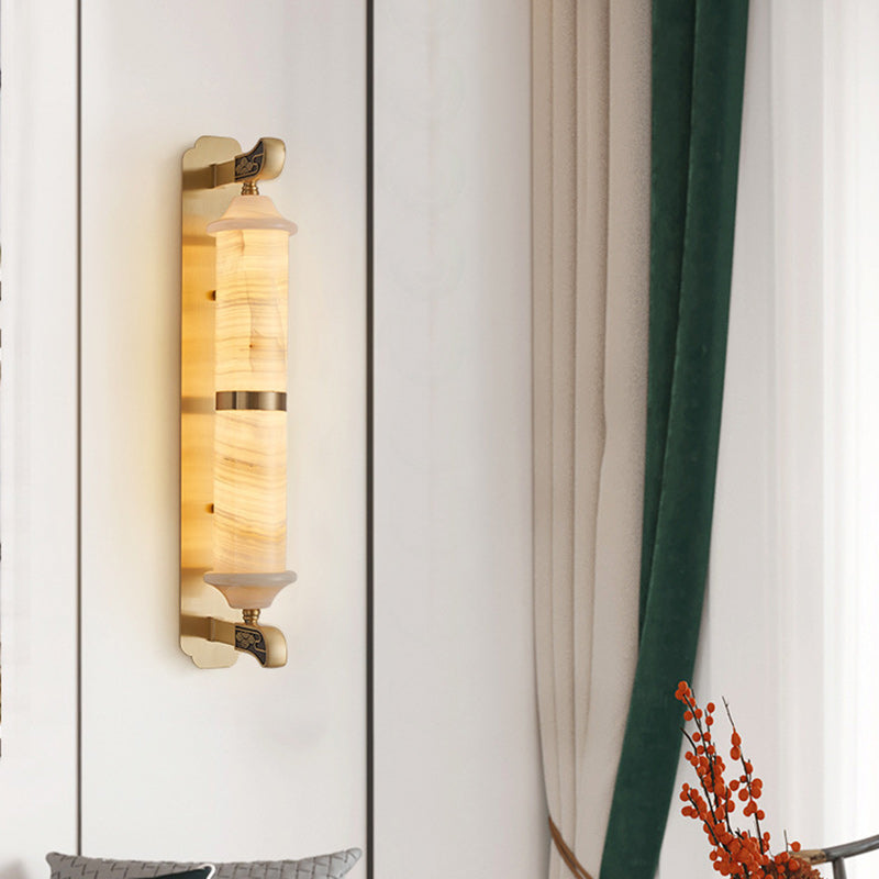 Chinese Cylinder Copper Jade LED Wall Sconce Lamp