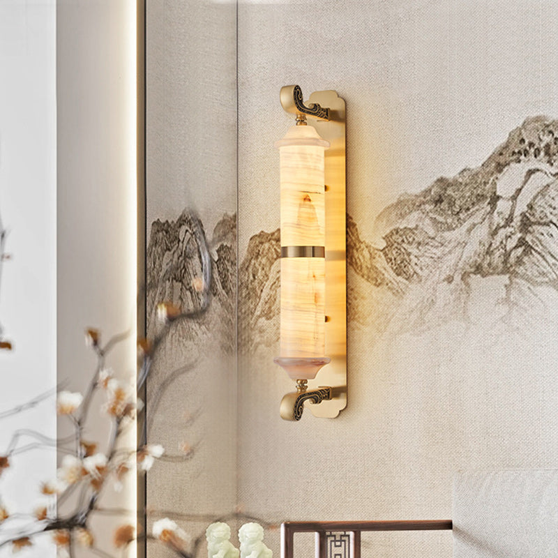 Chinese Cylinder Copper Jade LED Wall Sconce Lamp