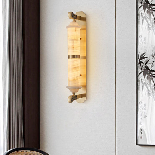 Chinese Cylinder Copper Jade LED Wall Sconce Lamp
