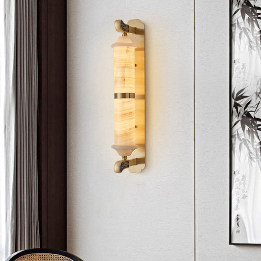 Chinese Cylinder Copper Jade LED Wall Sconce Lamp