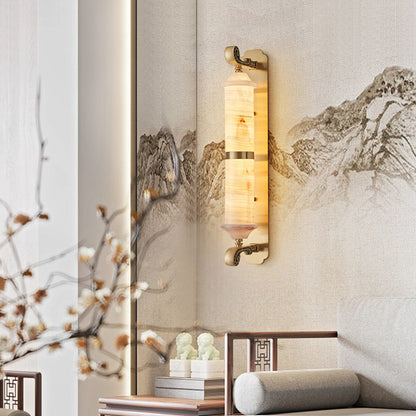 Chinese Cylinder Copper Jade LED Wall Sconce Lamp
