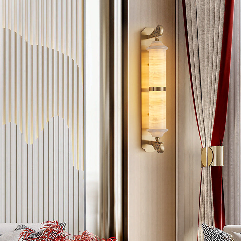Chinese Cylinder Copper Jade LED Wall Sconce Lamp