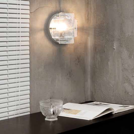 Art Deco Ice Round Metal Glass 1-Light Wall Sconce Lamp
