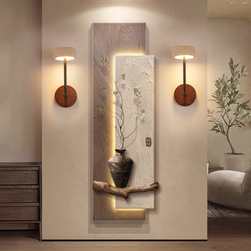 Mid-Century Travertine Solid Wood LED Wall Sconce Lamp
