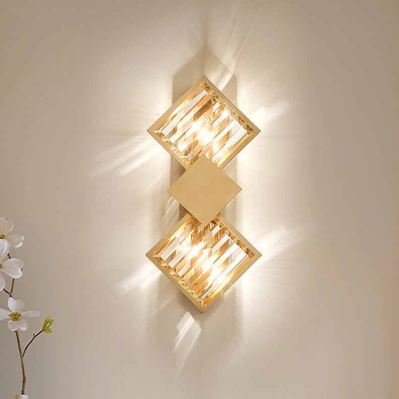 Deco Square Frame Metal Crystal 2-Light Wall Sconce Lamp