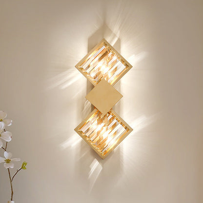 Deco Square Frame Metal Crystal 2-Light Wall Sconce Lamp