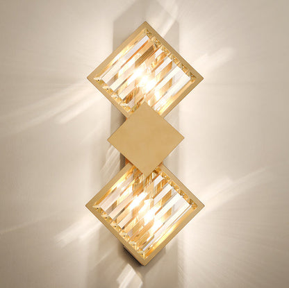 Deco Square Frame Metal Crystal 2-Light Wall Sconce Lamp
