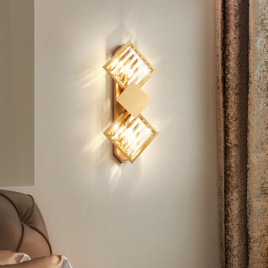 Deco Square Frame Metal Crystal 2-Light Wall Sconce Lamp