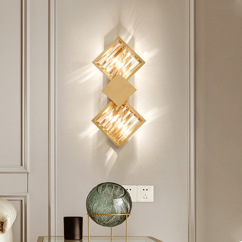 Deco Square Frame Metal Crystal 2-Light Wall Sconce Lamp