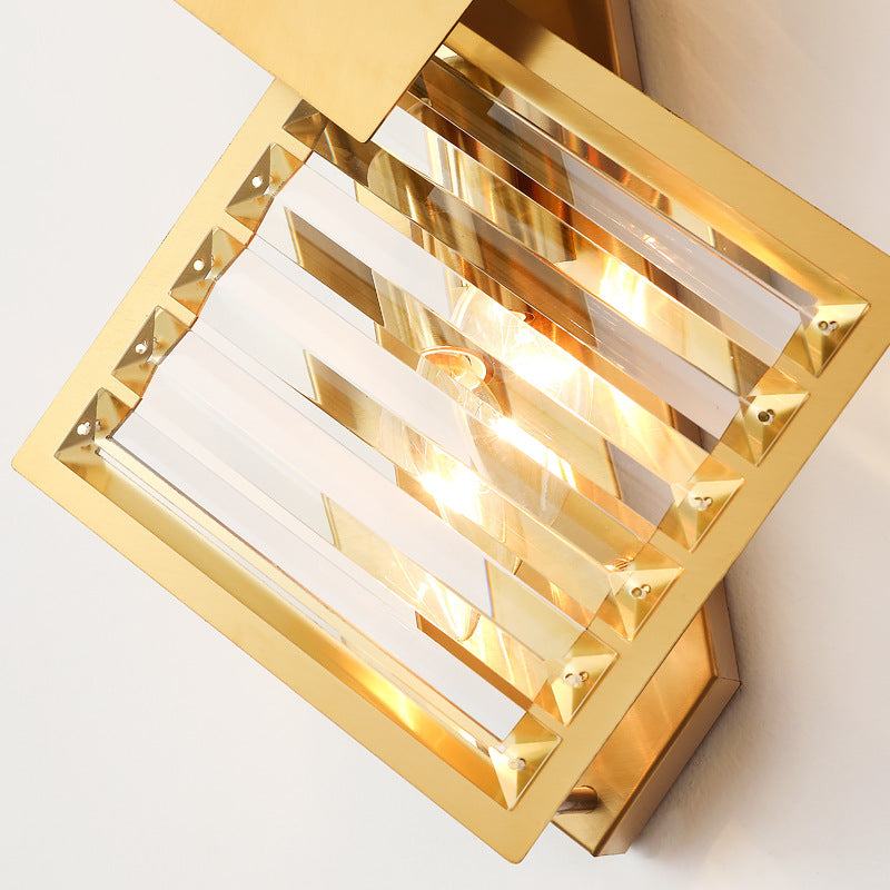 Deco Square Frame Metal Crystal 2-Light Wall Sconce Lamp