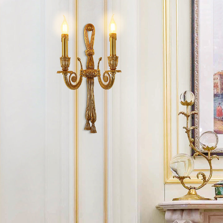 French Candle Design All Brass Wall Sconce Lamp 2-Light