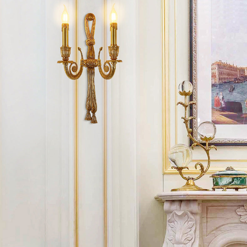 French Candle Design All Brass Wall Sconce Lamp 2-Light