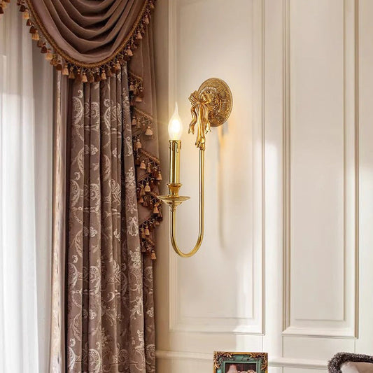 Candle-Shaped Brass Wall Sconce Lamp With Bow Base 1-Light
