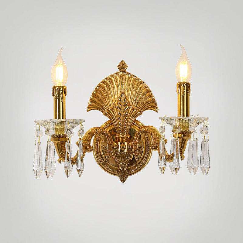 French Full Brass Crystal 2-Light Wall Sconce Lamp