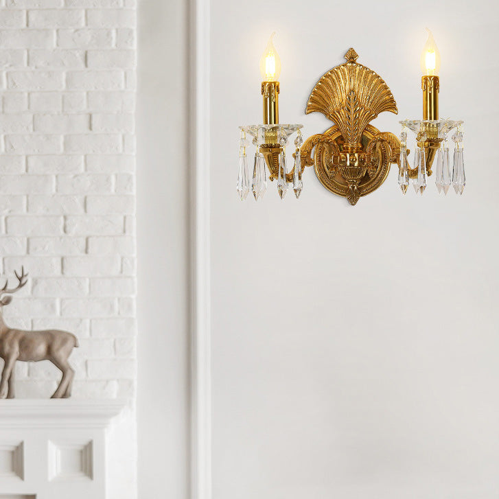 French Full Brass Crystal 2-Light Wall Sconce Lamp