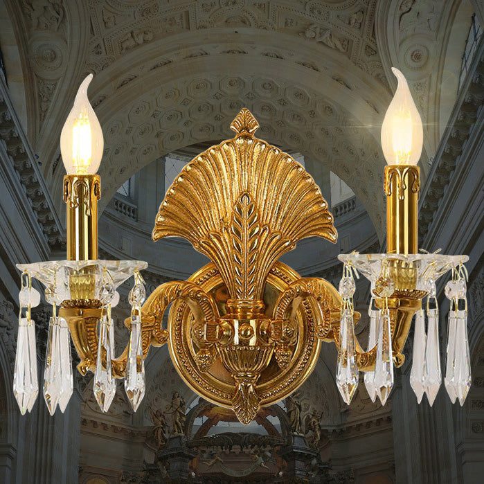 French Full Brass Crystal 2-Light Wall Sconce Lamp